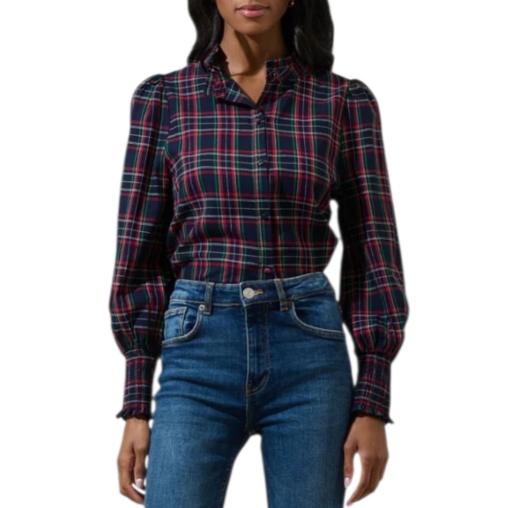 Nwot Sugarlips Tarten Plaid Longsleeve Ruffle Neck Smock Elastic Cuffs Blouse